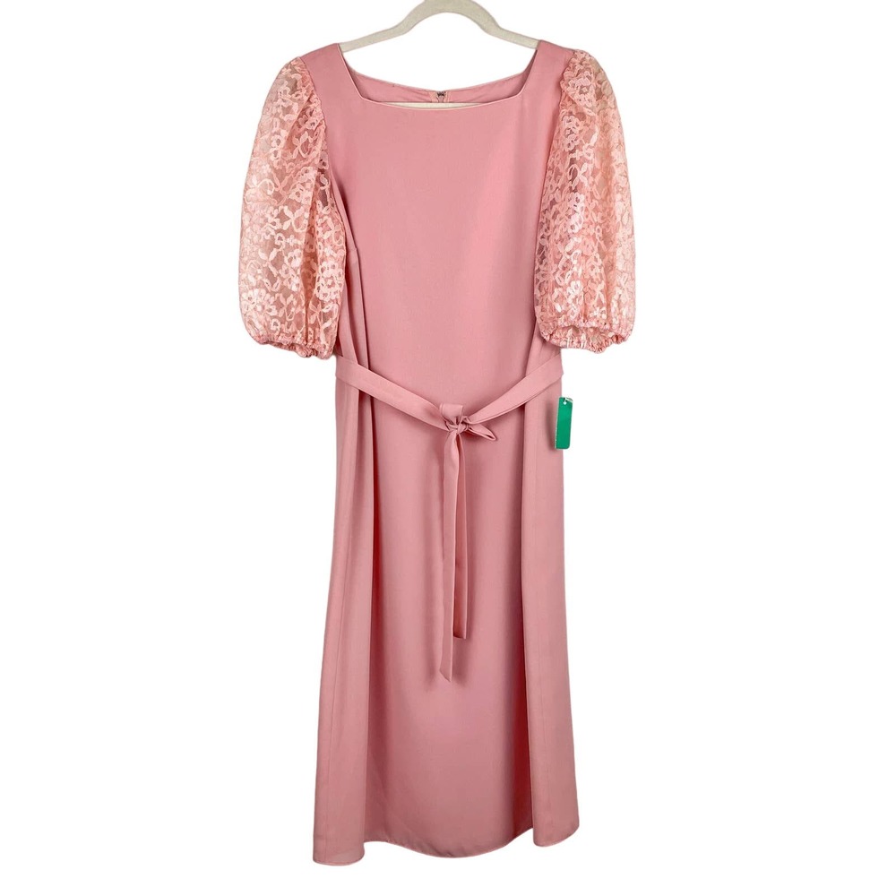 Vintage 60s Miss Elliette Dress Pink Lace Sleeve Belt Square Neck Womens Size 10
